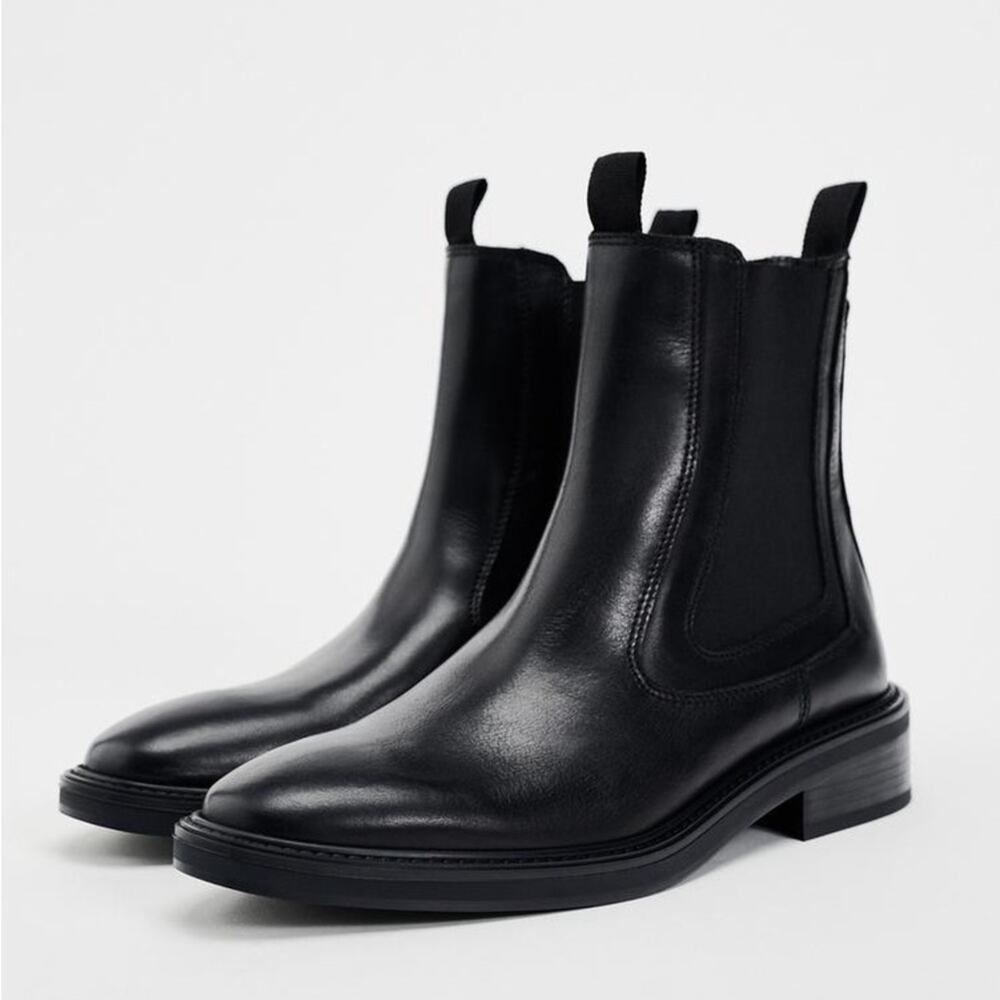 Zara Black Leather Chelsea Ankle Boots